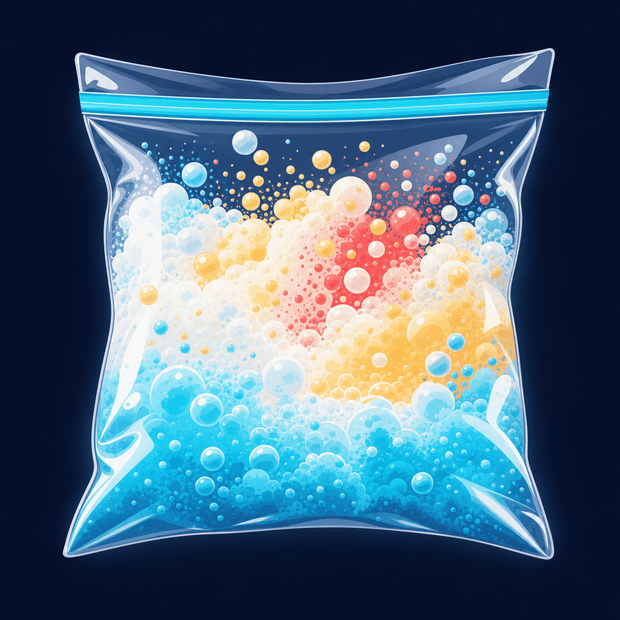 A sealed plastic bag inflating with fizzing bubbles inside