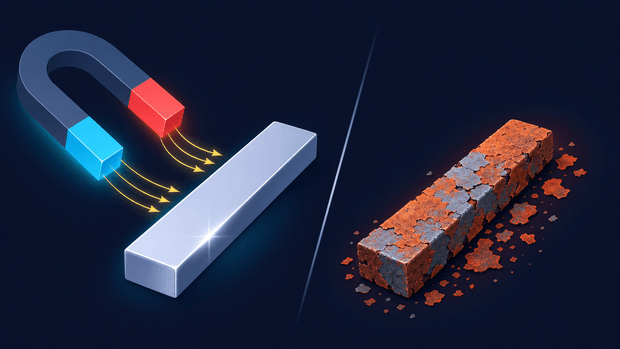 A magnet pulling on a shiny metal bar, beside a bar of iron covered in rust
