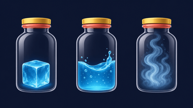 Three jars holding an ice cube, liquid water, and water vapor