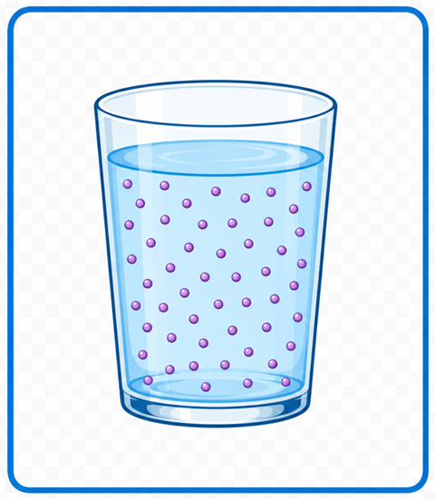 A glass of water with tiny dissolved particles spread evenly through it