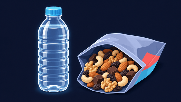 A bottle of water beside a bag of trail mix