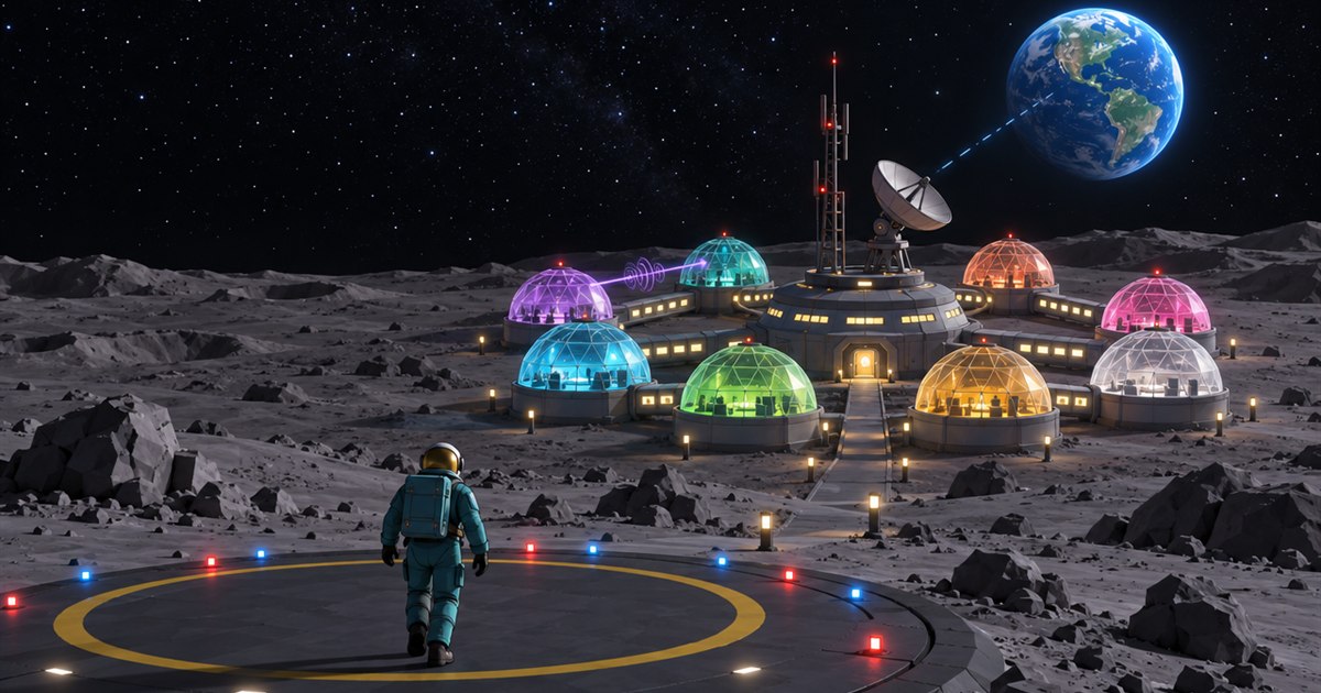 Tycho Relay lunar base at night, seen from the landing pad